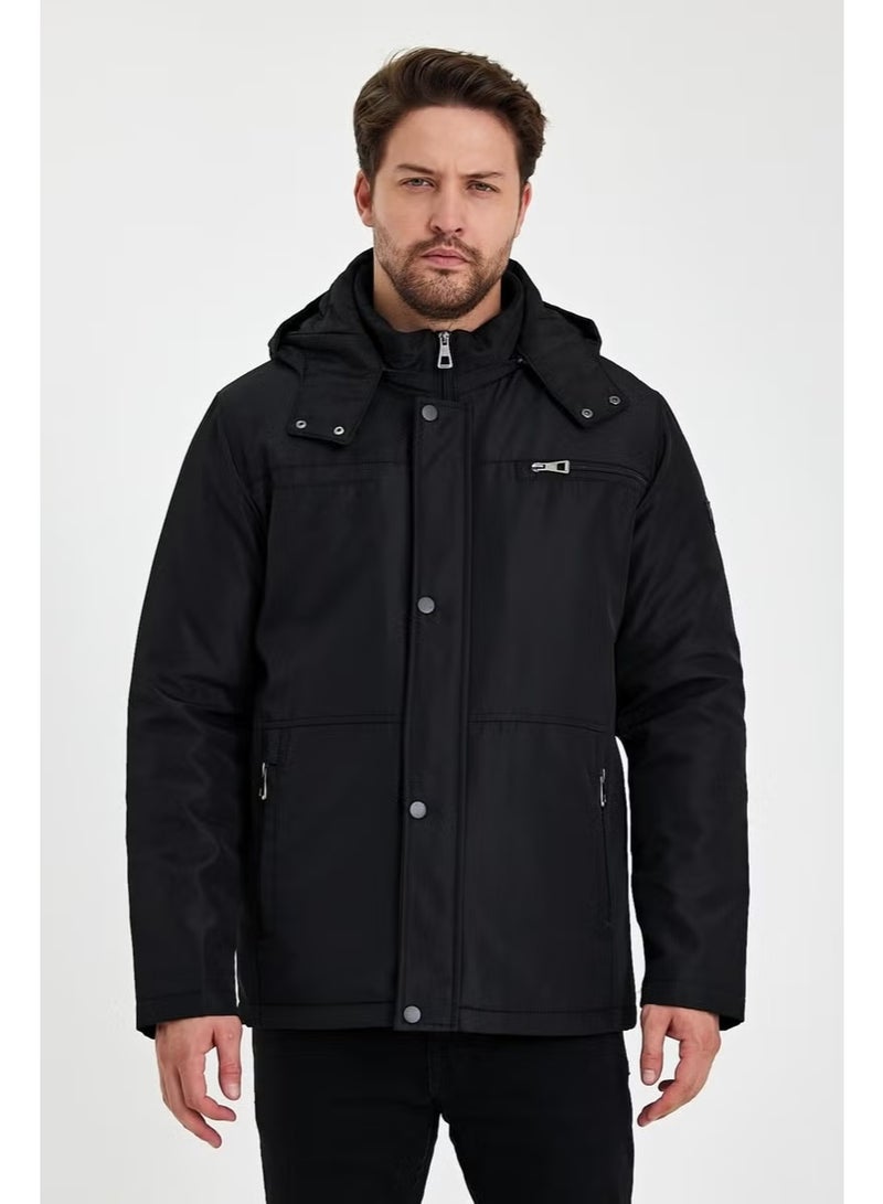 Sivaist Black Thick Fur Lined Detachable Hooded Zipper Pocket Wind and Waterproof Jacket&Coat - Image 1