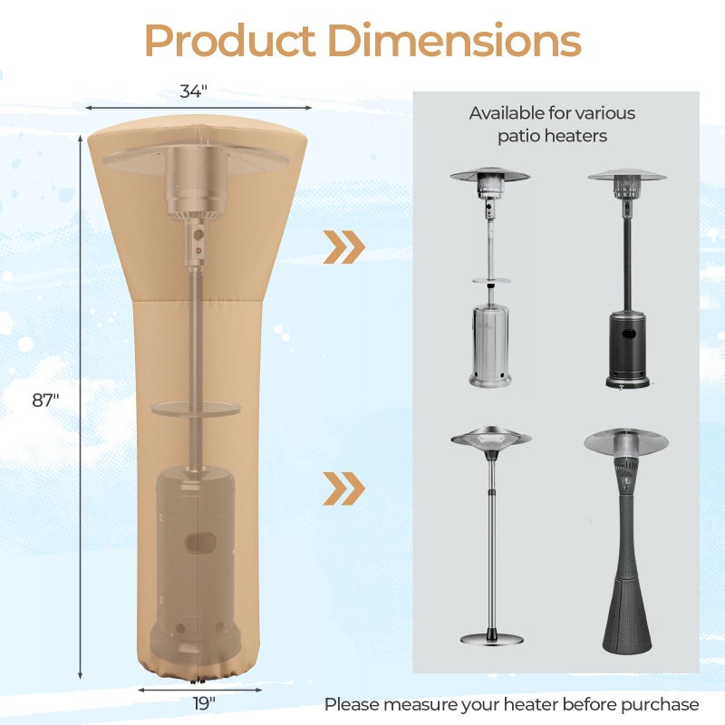 COSTWAY Patio Heater Cover, Waterproof Outdoor Heater Cover with Zipper and Storage Bag, Sun Snow Resistant Dustproof Cover for Tabletop Propane Heater Outdoor, 87"H x 34"D x 19"B, Beige - Image 3