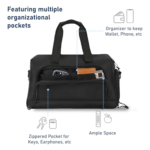 Carriall Gym & Travel Duffle Bag with Shoe Compartment and Wet Pocket | Sports Bag with Organizer Panel, Shaker Holder & Quick Access Pocket | Durable Polyester with Vegan Leather Detailing (Black) - Image 4