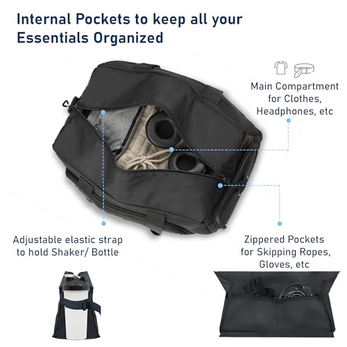 Carriall Gym & Travel Duffle Bag with Shoe Compartment and Wet Pocket | Sports Bag with Organizer Panel, Shaker Holder & Quick Access Pocket | Durable Polyester with Vegan Leather Detailing (Black) - Image 3