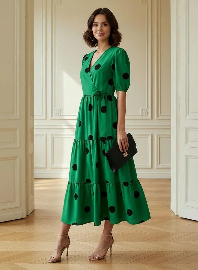Splash FAV Polka Dot Print Midi Tiered Dress with Short Sleeves and Tie-Up Detail