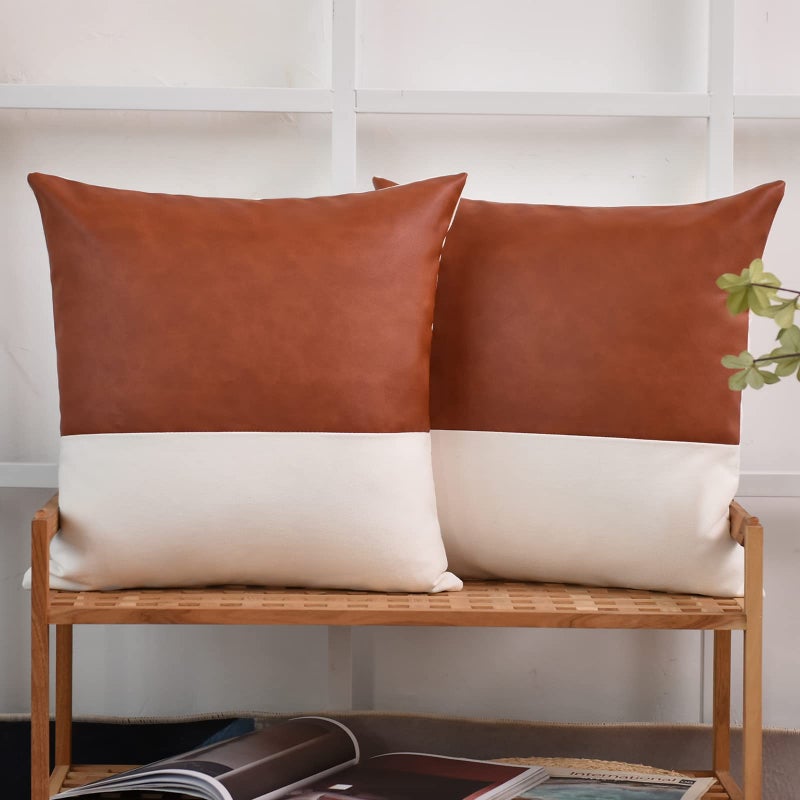 Tosewever Faux LeatherCotton Throw Pillow Covers Set of 2 Modern Country Farmhouse Decorative Luxury Boho Pillowcases for Bedroom Living Room Couch Bed Sofa Home Decor BrownWhite 18 x 18