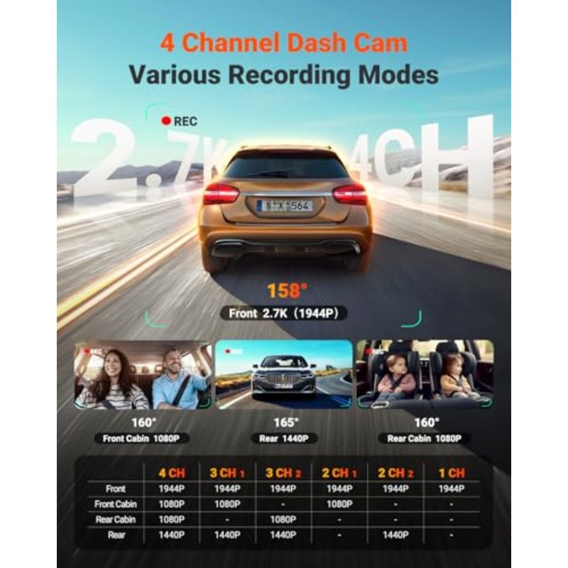 Vantrue N5S 4 Channel WiFi 360 درجة Dash Cam، STARVIS 2، رؤية ليلية بالأشعة تحت الحمراء، 2.7K+1080P*2+1440P كاميرا أمامية خلفية داخلية، التحكم الصوتي، نظام تحديد المواقع العالمي (GPS)، دعم OTA، وضع انتظار السيارات لمدة 24 ساعة، دعم 1 تيرابايت كحد أقصى - Image 2