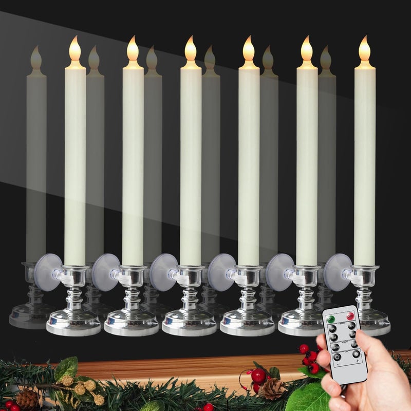 DRomance Flameless Window Candles with Remote and Timer, Battery Operated LED Taper Candles with Suction Cups Set of 6 Christmas Window Candle Holiday Decor(Silver Holders) - Image 1
