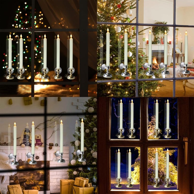 DRomance Flameless Window Candles with Remote and Timer, Battery Operated LED Taper Candles with Suction Cups Set of 6 Christmas Window Candle Holiday Decor(Silver Holders) - Image 2