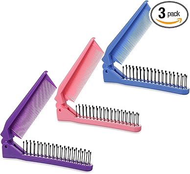 Styquenzer Folding Hair Brush 3 Pcs Portable Travel Comb Set Multicolor Foldable Hair Brush Double Headed Compact Folding Brush Massage Head Brush and Fine Tooth Hair Comb for Women Pink Blue Purple - Image 1