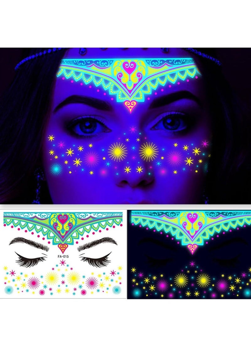 Luminous Face Tattoo Stickers Body Glow in the Dark Fluorescent Face Rhinestone Tattoo Temporary Tattoo Sparkly UV Neon Mask Tattoo Rave Festival Accessory Party(8 PCS) - Image 4