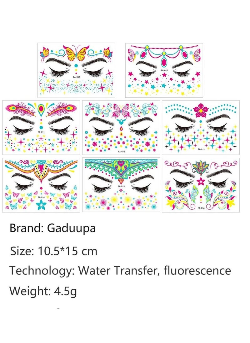 Luminous Face Tattoo Stickers Body Glow in the Dark Fluorescent Face Rhinestone Tattoo Temporary Tattoo Sparkly UV Neon Mask Tattoo Rave Festival Accessory Party(8 PCS) - Image 3