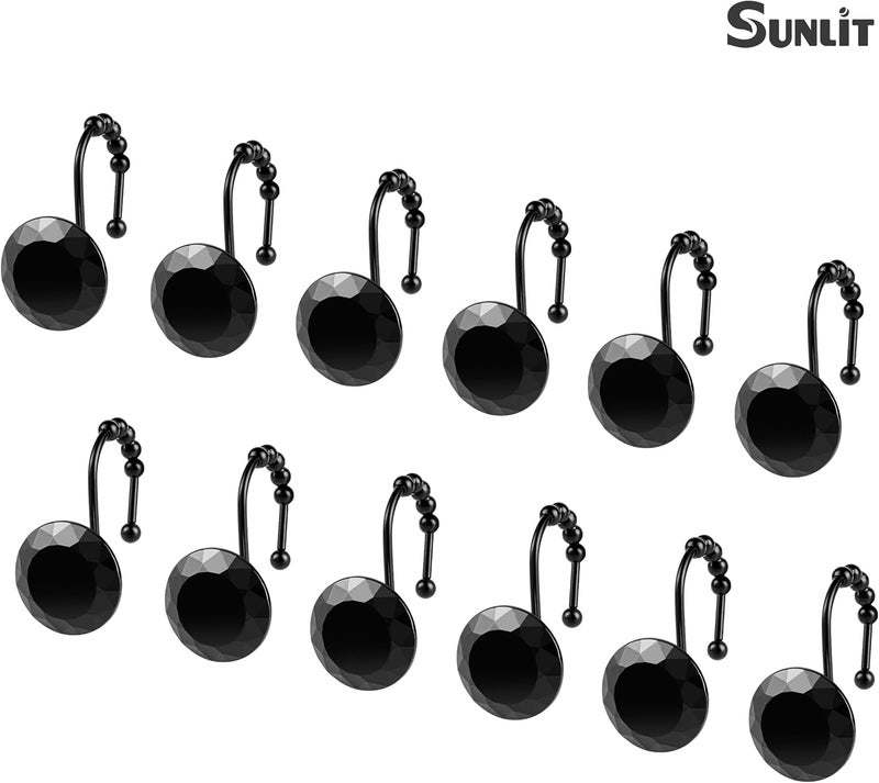 Sunlit Luxury Design Round Black Diamond Crystal Gem Bling with Glide Balls Shower Curtain Hooks with Black Hooks, Rust Proof Metal Rhinestones Glam Decorative Shower Curtain Rings, Set of 12 - Image 3