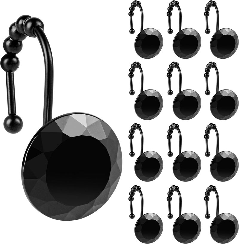 Sunlit Luxury Design Round Black Diamond Crystal Gem Bling with Glide Balls Shower Curtain Hooks with Black Hooks, Rust Proof Metal Rhinestones Glam Decorative Shower Curtain Rings, Set of 12 - Image 1