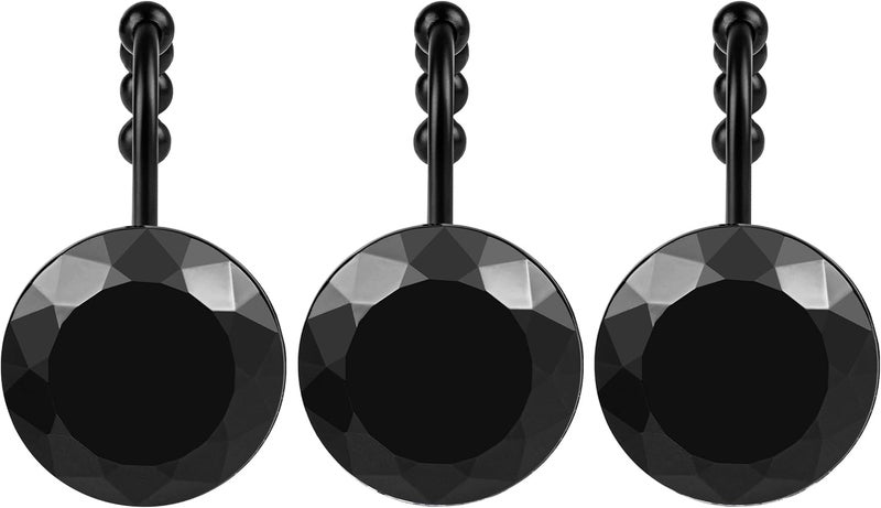 Sunlit Luxury Design Round Black Diamond Crystal Gem Bling with Glide Balls Shower Curtain Hooks with Black Hooks, Rust Proof Metal Rhinestones Glam Decorative Shower Curtain Rings, Set of 12 - Image 2
