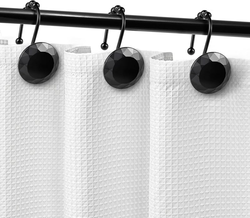 Sunlit Luxury Design Round Black Diamond Crystal Gem Bling with Glide Balls Shower Curtain Hooks with Black Hooks, Rust Proof Metal Rhinestones Glam Decorative Shower Curtain Rings, Set of 12 - Image 5