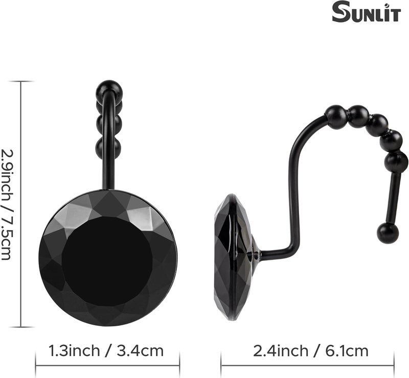 Sunlit Luxury Design Round Black Diamond Crystal Gem Bling with Glide Balls Shower Curtain Hooks with Black Hooks, Rust Proof Metal Rhinestones Glam Decorative Shower Curtain Rings, Set of 12 - Image 4