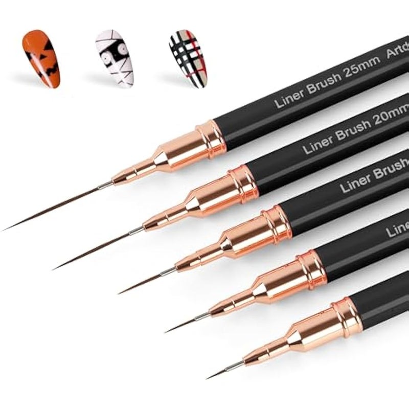 ارتدون مجموعة اقلام طلاء اظافر ميتاليك مكونة من 5 قطع من ادوات طلاء الاظافر بلون اسود للخطوط الطويلة والتفاصيل الرفيعة والرسم الدقيق وفرشاة تحديد وتلميع الاظافر بالاشعة فوق البنفسجية بمقاسات 5/8/12/20 - Image 1