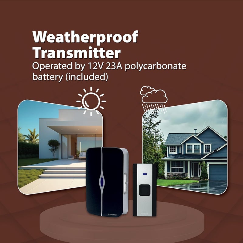 Havells جرس باب رقمي لاسلكي تانغو (أبيض وأسود)، 25 لحن جرس، 3 مستويات صوت، 100م نطاق استقبال وإرسال 433.92MHz في الهواء الطلق، محبوب من قبل المستخدمين لتصميمه الأنيق وعمره الطويل - Image 3