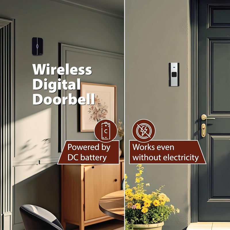 Havells جرس باب رقمي لاسلكي تانغو (أبيض وأسود)، 25 لحن جرس، 3 مستويات صوت، 100م نطاق استقبال وإرسال 433.92MHz في الهواء الطلق، محبوب من قبل المستخدمين لتصميمه الأنيق وعمره الطويل - Image 2