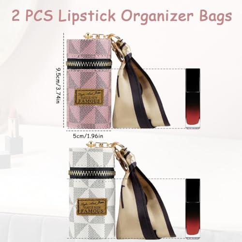 Jaxbo 2 PCS Lipstick Organizer, Leather Lip Gloss Bag with Keychain, Portable Mini Lipstick Case for Lip Gloss, Purse,Mini Perfume - Image 2