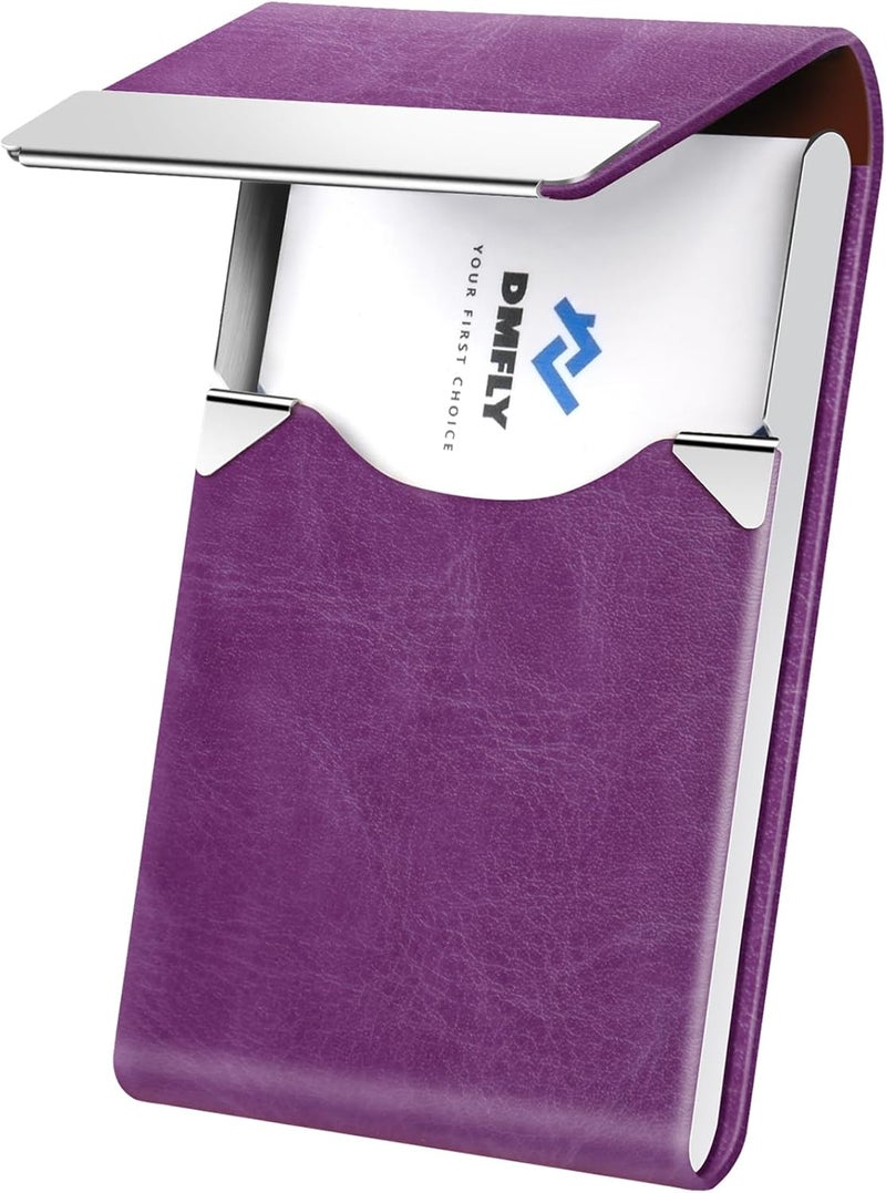 DMFLY Business Card Holder for Women or Men, Business Card Case with PU Leather and Stainless Steel, Slim Metal Case with Magnetic Closure for Business Meeting Use - Image 1