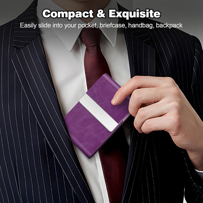 DMFLY Business Card Holder for Women or Men, Business Card Case with PU Leather and Stainless Steel, Slim Metal Case with Magnetic Closure for Business Meeting Use - Image 2