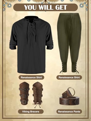 Jiuguva 4 Pcs Halloween Men's Renaissance Costume Set Medieval Pirate Shirt Ankle Banded Pants Viking Belt Accessories (Elegant Color,Large) - Image 5