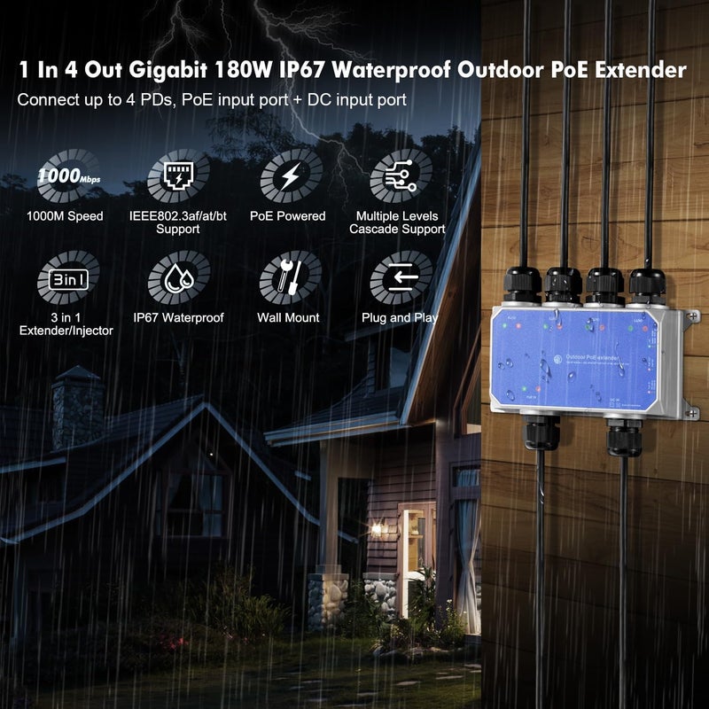Binardat IP67 Outdoor Gigabit PoE Passthrough Switch, 1 PoE in 4 PoE Out Extender, IEEE802.3af/at/bt PoE Powered 90W, 10/100/1000Mbps Ethernet, Metal Wall Mount Waterproof Plug and Play - Image 2