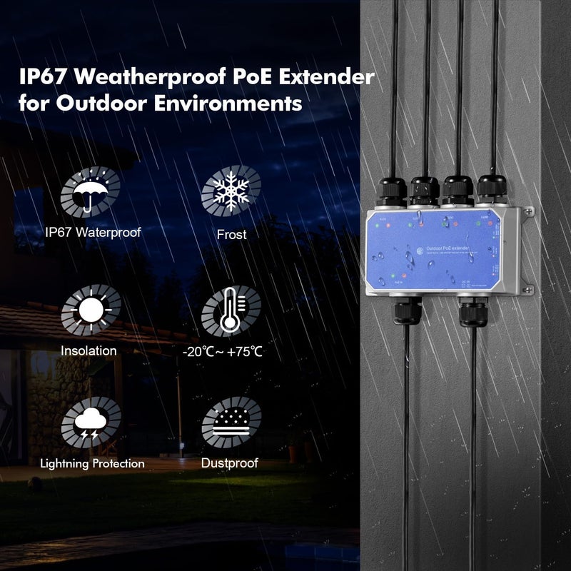 Binardat IP67 Outdoor Gigabit PoE Passthrough Switch, 1 PoE in 4 PoE Out Extender, IEEE802.3af/at/bt PoE Powered 90W, 10/100/1000Mbps Ethernet, Metal Wall Mount Waterproof Plug and Play - Image 5