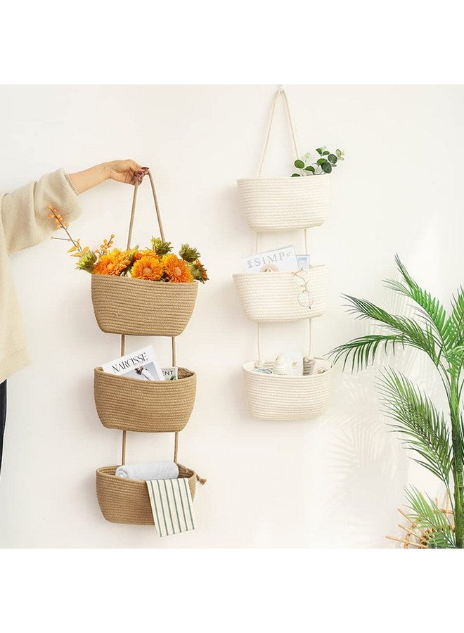 TeoKJ Over the Door Hanging Basket, 3-Tier Woven Cotton Wall-Mounted Storage Organizer Bag Decorative Hanging Nursery Baskets - Jute - Image 2
