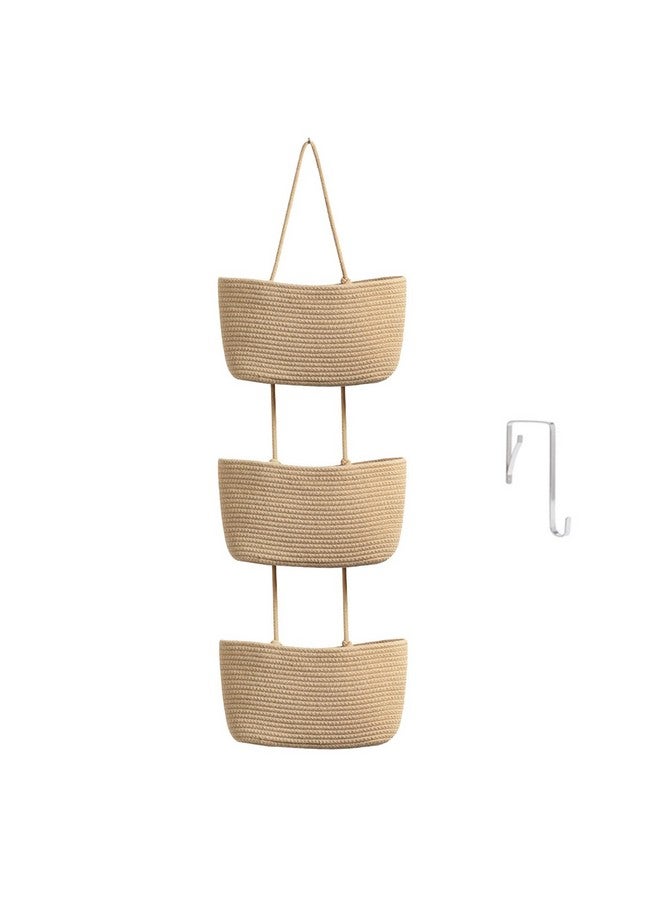 TeoKJ Over the Door Hanging Basket, 3-Tier Woven Cotton Wall-Mounted Storage Organizer Bag Decorative Hanging Nursery Baskets - Jute - Image 1