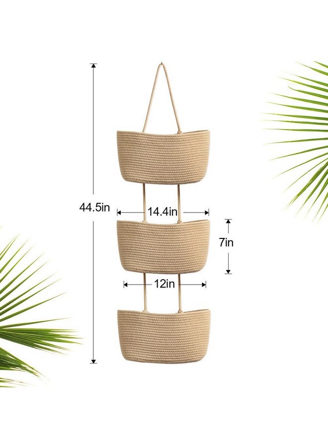 TeoKJ Over the Door Hanging Basket, 3-Tier Woven Cotton Wall-Mounted Storage Organizer Bag Decorative Hanging Nursery Baskets - Jute - Image 3