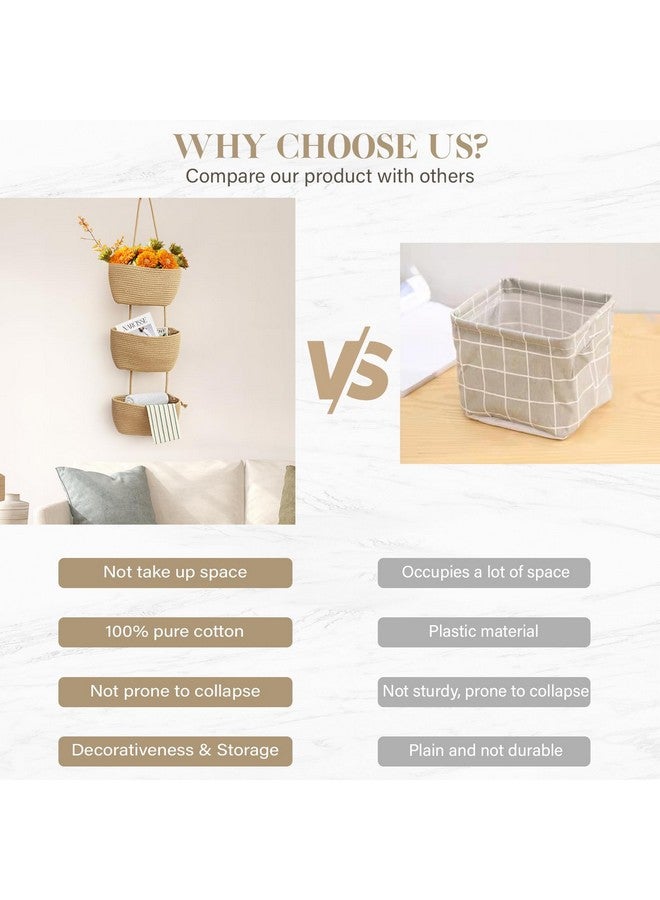 TeoKJ Over the Door Hanging Basket, 3-Tier Woven Cotton Wall-Mounted Storage Organizer Bag Decorative Hanging Nursery Baskets - Jute - Image 5