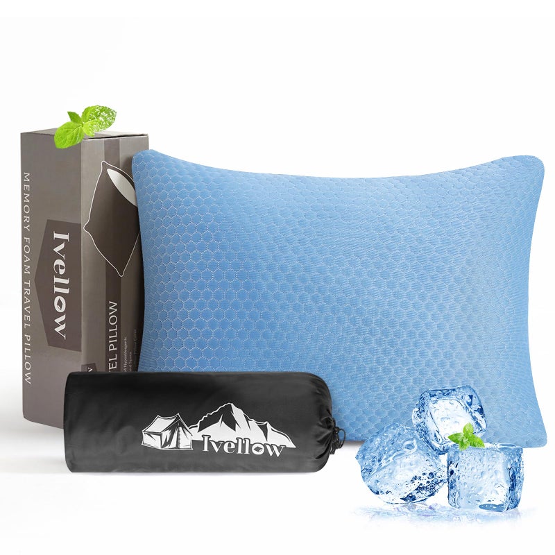 Ivellow Travel Pillow Cooling Camping Pillow for Sleeping Compressible Shredded Memory Foam Pillow Compact Firm Supportive Pillow for Adults Kids Outdoor Backpacking Hiking Essential Gear Blue M - Image 1