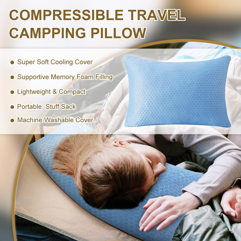 Ivellow Travel Pillow Cooling Camping Pillow for Sleeping Compressible Shredded Memory Foam Pillow Compact Firm Supportive Pillow for Adults Kids Outdoor Backpacking Hiking Essential Gear Blue M - Image 2
