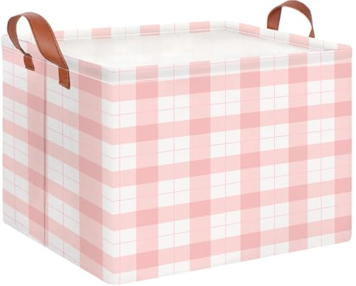 CLOCOR Rectangular Storage BasketCollapsible Cute Pattern Storage BinWaterproof Books Box with HandlesGift BasketPink Grid - Image 1