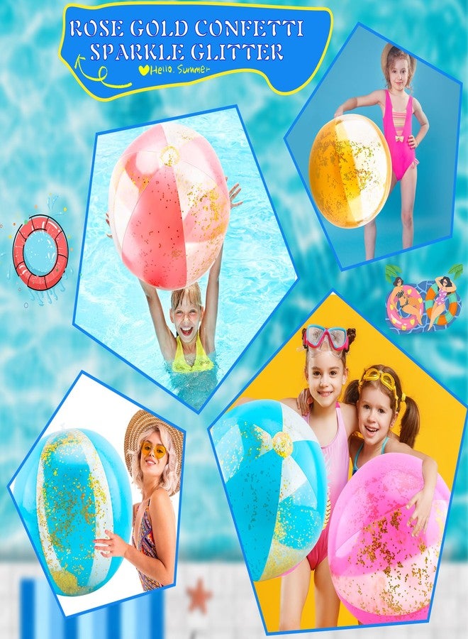 Feradny 16 Pack 16 Inch Inflatable Glitter Beach Ball Blow Up Clear Beach Ball Confetti Beach Sand Balls for Kids Summer Beach Pool Toys Hawaii Theme Party Favors (Rose Gold,Pink,Gold,Blue)… - Image 4