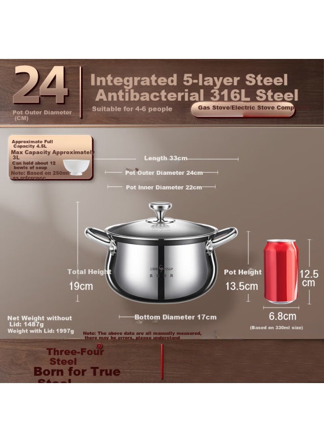 SSGP San Si Gang Tanggu Thickened 316l Stainless Steel Soup Pot For Home Use, Induction Cooker Steamer Stew Pot Cooking Pot 24cm No.1 Member Store - Image 3