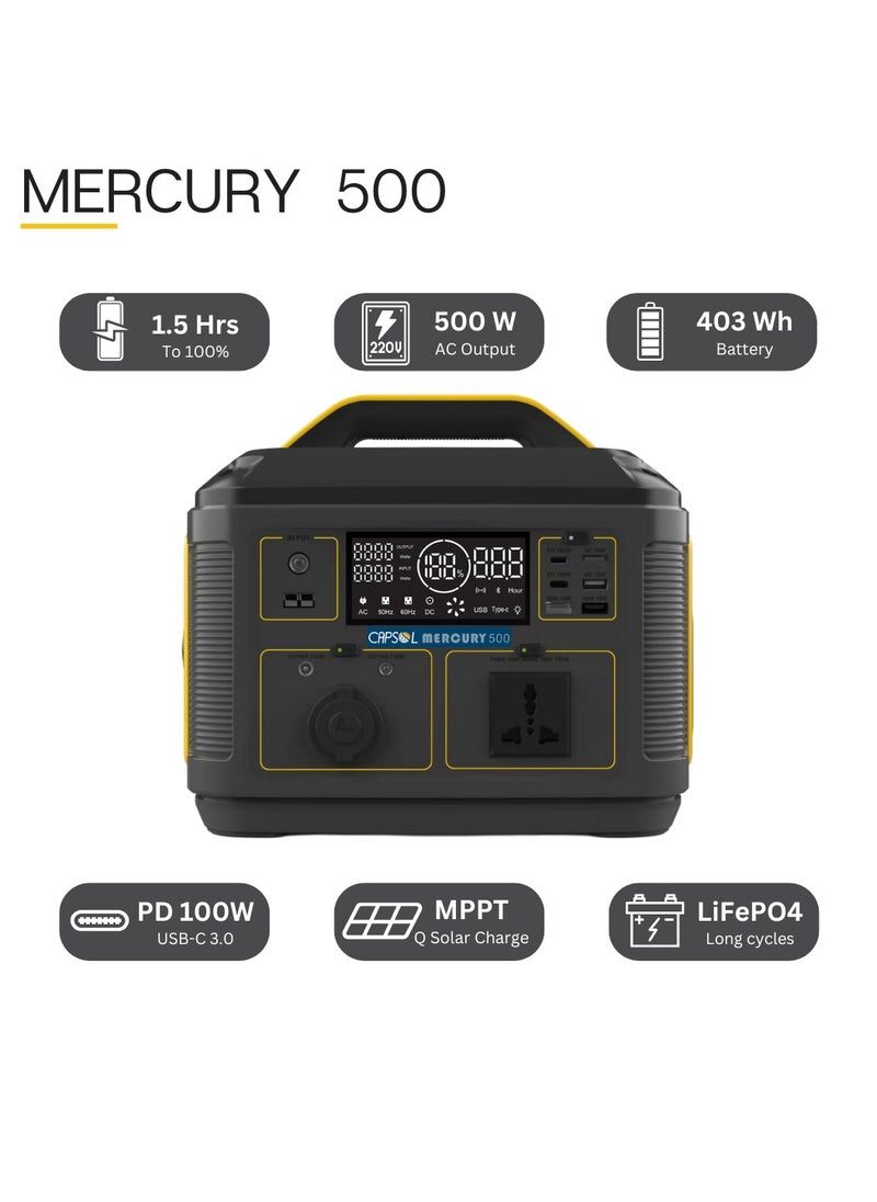 Solaris Solutions CAPSOL MERCURY 500 Portable Power Station 403Wh 500W, Solar Generator, 1.5hrs to 100% LiFePo4 Battery USB-C PD3.0 100w LED Lights for Camping, Caravans, Desert, Outdoor  - Image 3