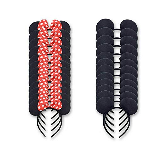 winvin Set of 24 Mouse Costume Deluxe Fabric Ears Headband White Polka Dots Bow Birthday Party Hairs Accessories Headwear Halloween Party Favors Decorations Black Red - Image 1