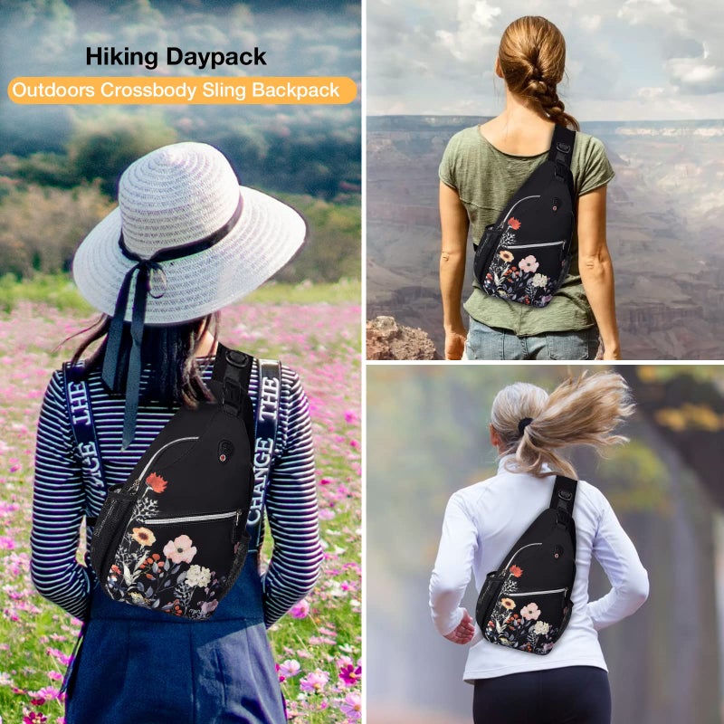 MOSISO Sling Backpack, Multipurpose Travel Hiking Daypack Garden Flowers Rope Crossbody Shoulder Bag, Black - Image 2