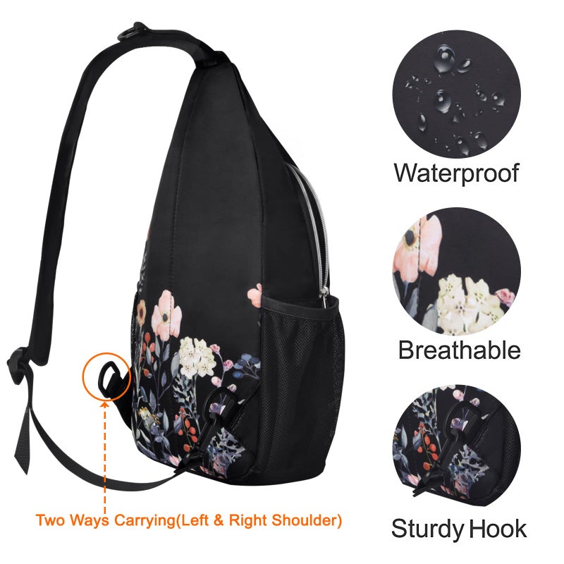 MOSISO Sling Backpack, Multipurpose Travel Hiking Daypack Garden Flowers Rope Crossbody Shoulder Bag, Black - Image 5