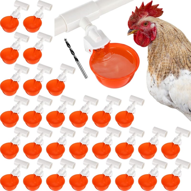 LemonRoad 30 Set Automatic Chicken Waterer Cups with 1/2" PVC Tee Fittings Chicken Drinking Bowl, Mounting Hole Opener, Water Feeder System for Duck, Goose, Turkey(Orange) - Image 1
