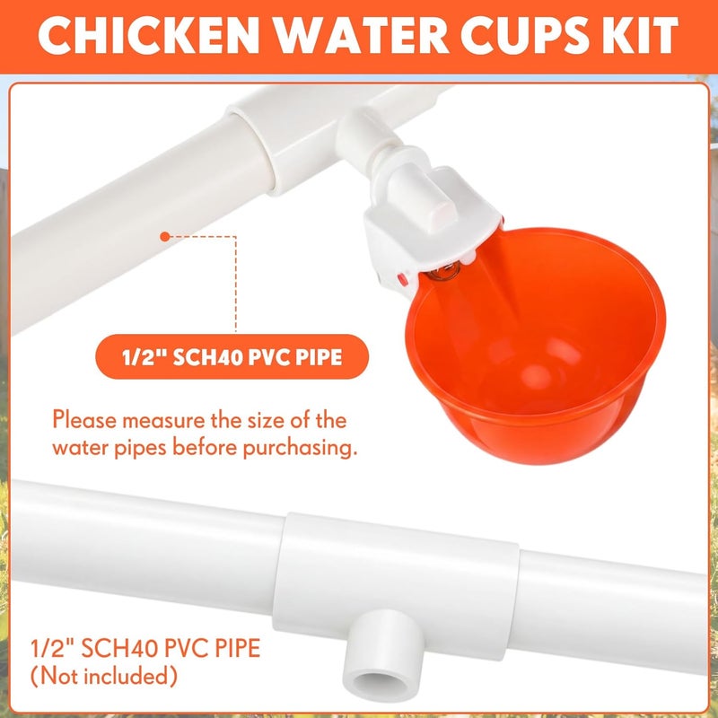 LemonRoad 30 Set Automatic Chicken Waterer Cups with 1/2" PVC Tee Fittings Chicken Drinking Bowl, Mounting Hole Opener, Water Feeder System for Duck, Goose, Turkey(Orange) - Image 3