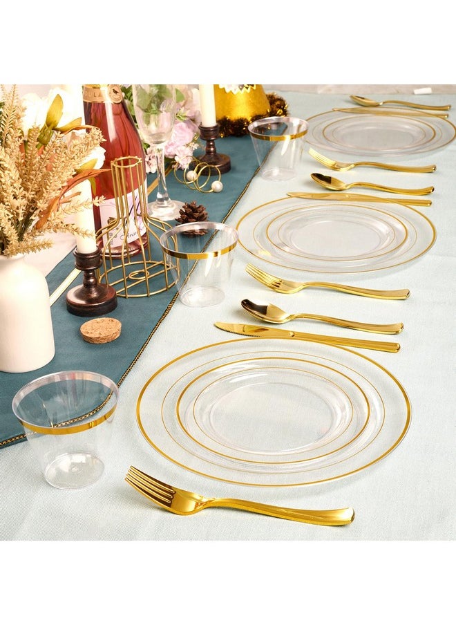 FOCUSLINE FOCUSLINE 100 Count 10 Inch Clear and Gold Plastic Plates, Disposable Heavy Duty Clear Plates with Gold Rim, Premium Hard Plastic Plate Fancy Disposable Dinner Plate for Wedding Parties  - Image 5