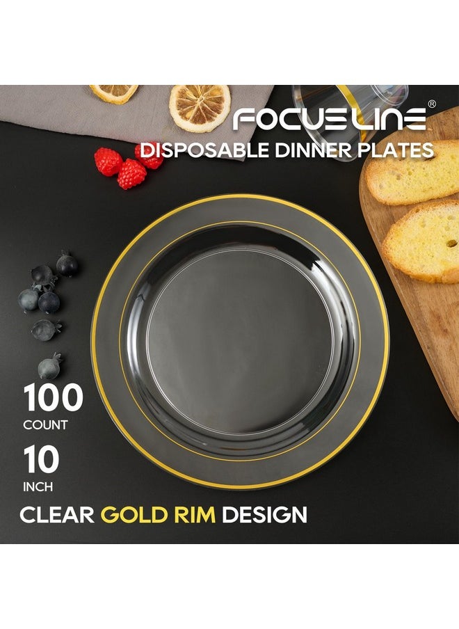 FOCUSLINE FOCUSLINE 100 Count 10 Inch Clear and Gold Plastic Plates, Disposable Heavy Duty Clear Plates with Gold Rim, Premium Hard Plastic Plate Fancy Disposable Dinner Plate for Wedding Parties  - Image 2