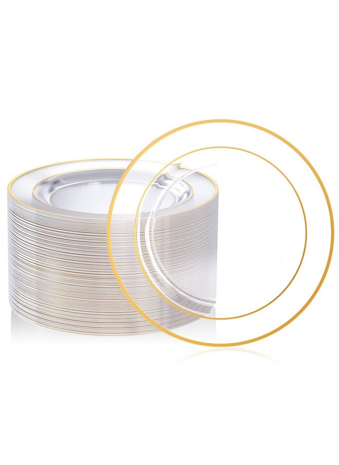 FOCUSLINE FOCUSLINE 100 Count 10 Inch Clear and Gold Plastic Plates, Disposable Heavy Duty Clear Plates with Gold Rim, Premium Hard Plastic Plate Fancy Disposable Dinner Plate for Wedding Parties  - Image 1