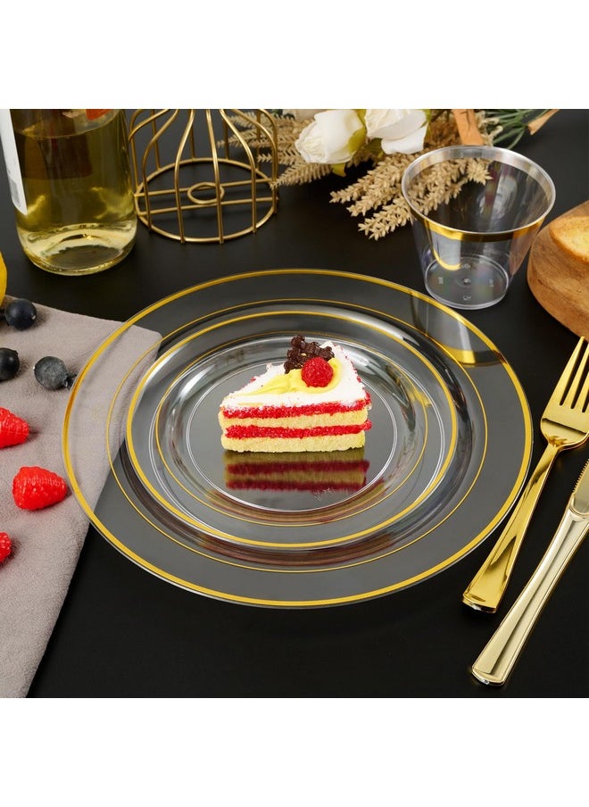 FOCUSLINE FOCUSLINE 100 Count 10 Inch Clear and Gold Plastic Plates, Disposable Heavy Duty Clear Plates with Gold Rim, Premium Hard Plastic Plate Fancy Disposable Dinner Plate for Wedding Parties  - Image 3