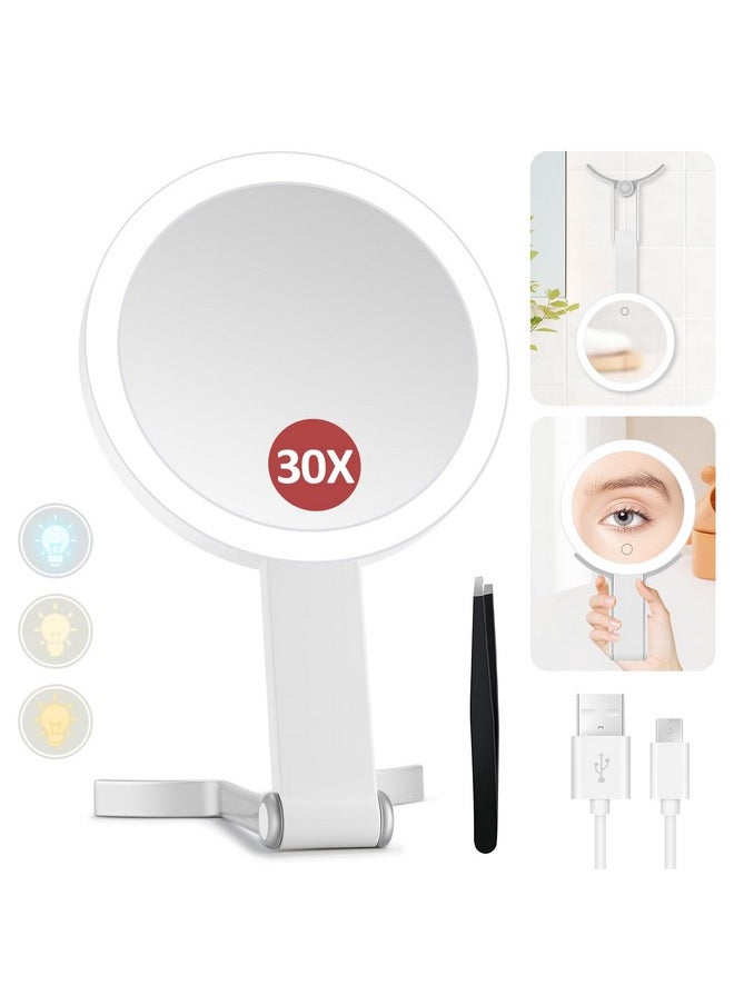 MIYADIVA - Lighted Makeup Mirror, 30X Magnifying Mirror With Light And Adjustable Brightness, Hanging And Handheld Mirror With Handle, Portable Travel Makeup Mirror With Lights, Vanity Mirror For Women - Image 1