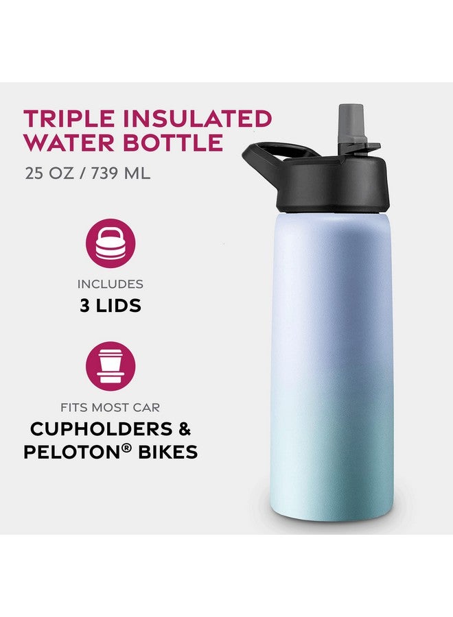 FineDine Triple Walled, Insulated Water Bottles with Straw - 25 Oz Stainless Steel Metal Bottle W/ 3 Leak Proof Lids - For Travel, School, Sports, Gym/Men, Women & Kids - Powder Steel Blue - Image 2