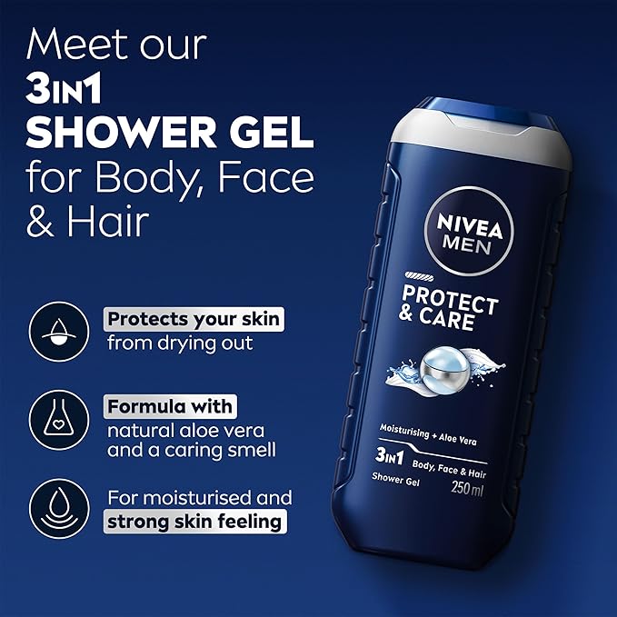 NIVEA MEN Protect Care Shower Gel 250 ml Moisturising 3in1 Body Wash for Men with Aloe Vera Energising NIVEA MEN Shower Gel - Image 2