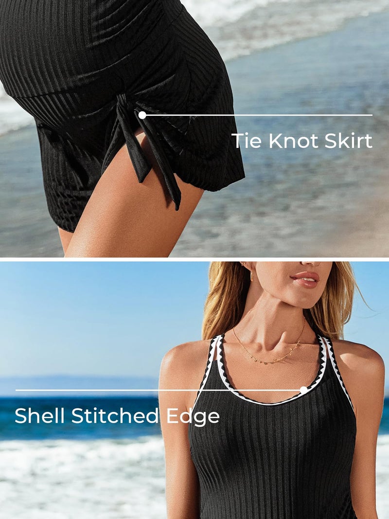Summer Mae Ribbed Maternity One Piece Swim Dress Pregnancy Swimsuit with Built-in Bottom Swimwear Tie Knot Skirt Bathing Suit Dark 12 - Image 3