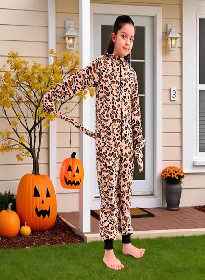 Wizland Fleece Leopard Costume for Kids One Piece Cheetah Costume Cat Onesie Cheetah Onesie Kids 6-8 - Image 3